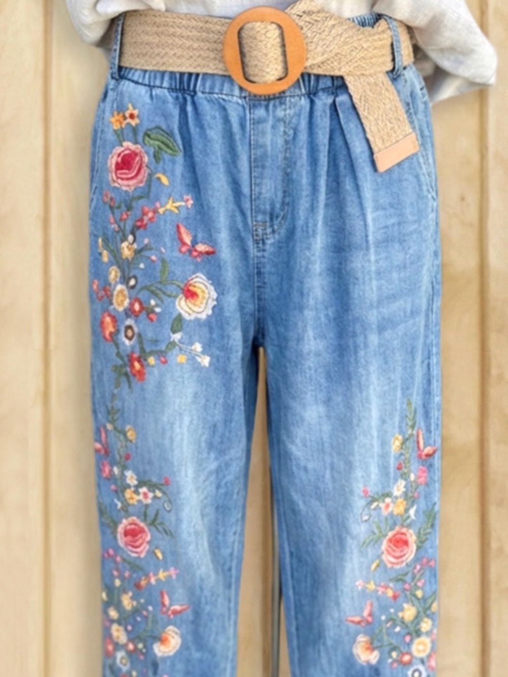 Denim look floral tapered pants